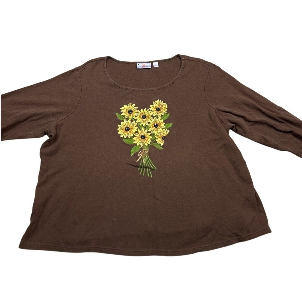 Quacker Factory Brown Sunflower Embroidered Rhinestone Long Sleeve Top 2X Cotton
